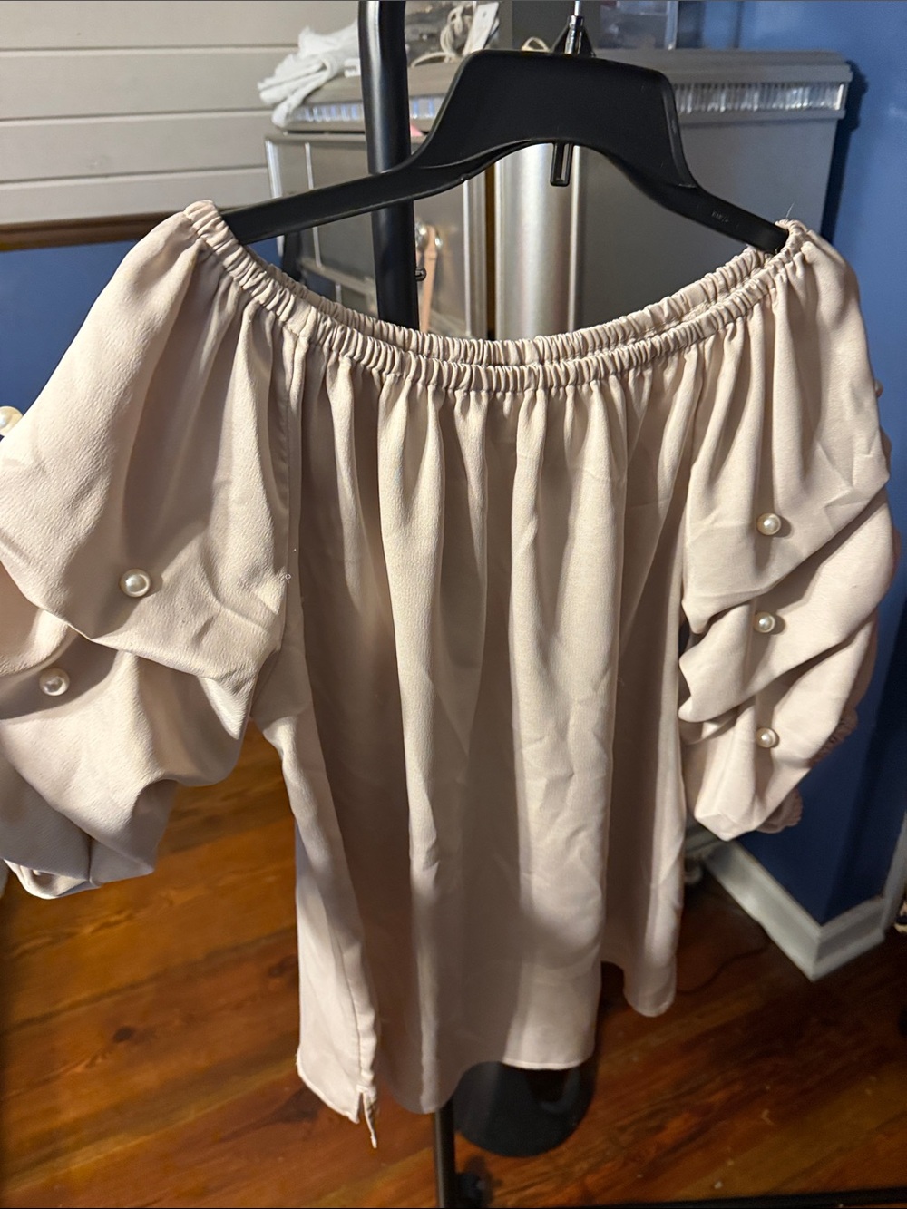 Roz & Ali Blush Off-Shoulder Ruffle Sleeve Blouse with Pearl Buttons